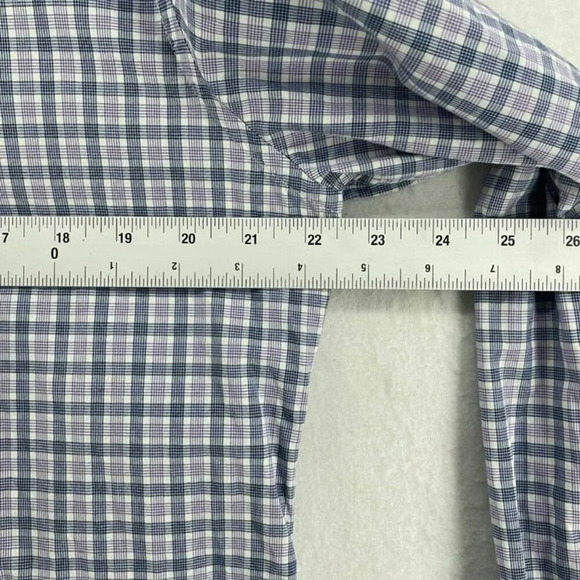 Express Button-Up Shirt Men's Sz L Purple Slim Fit Plaid Collared Curve Hem - Picture 3 of 12